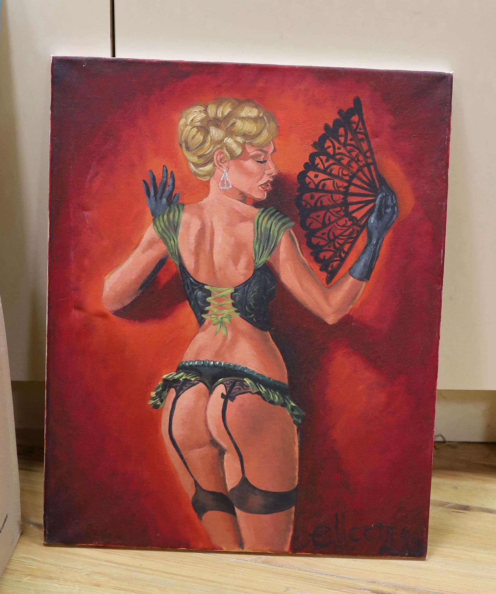 Collection of pictures and prints including oil on canvas, Semi-nude female, signed Ellectra and two hand coloured maps